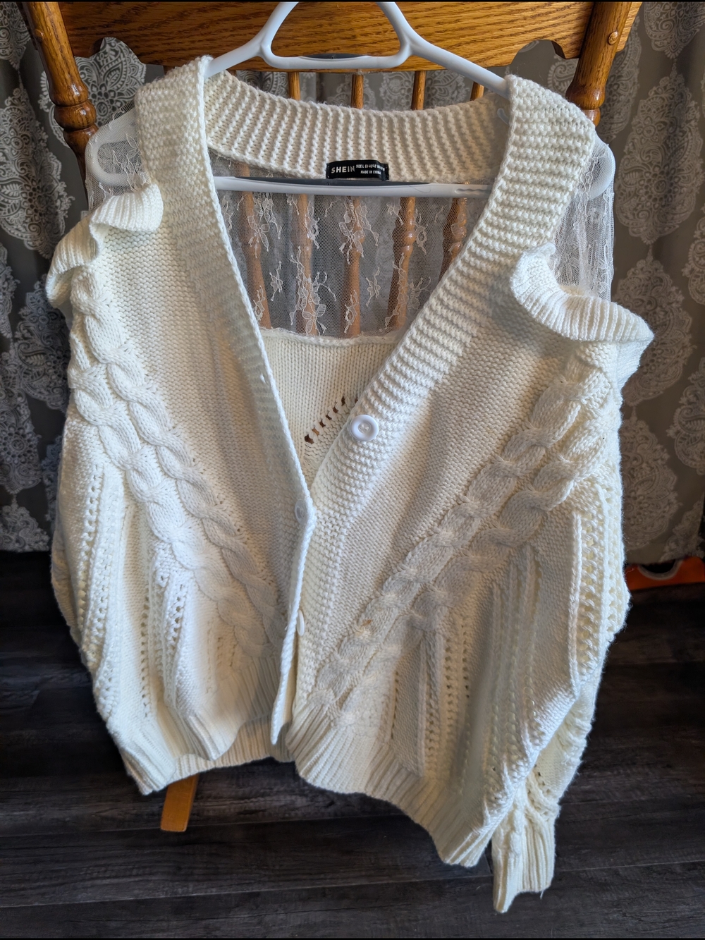 Shein Creamy White Cable-Knit V-Neck Sweater